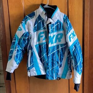 Blue and white FXR snowmobile jacket